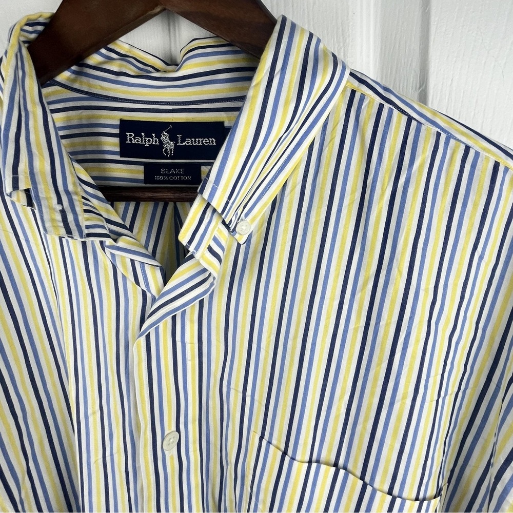 Ralph Lauren‎ Shirt Mens Large Yellow Blue Stripe Long Sleeve Button Down Blake